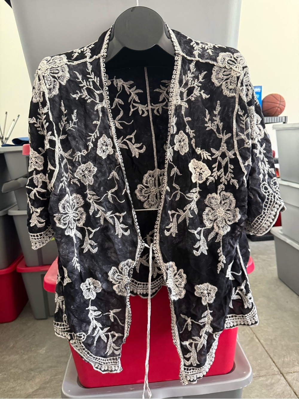 Black and White Floral Embroidered Open Front Jacket 91